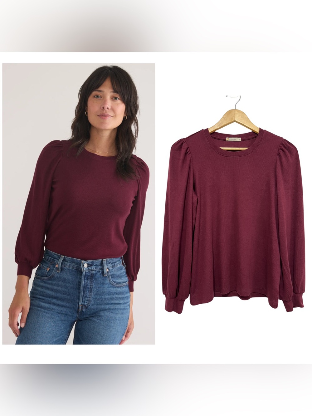 Marine Layer Lexi Rib Puff-Sleeve Long Sleeve Top in Windsor Wine Medium